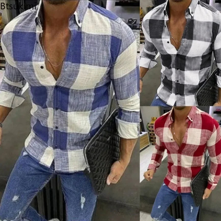 2026 Oversized Men Shirts Retro Classic Plaid Long Sleeve Casual Shirts Men Breathable Cotton Linen Shirt Tops Fashion Shirts