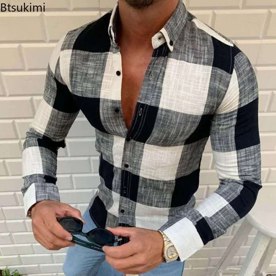 2026 Oversized Men Shirts Retro Classic Plaid Long Sleeve Casual Shirts Men Breathable Cotton Linen Shirt Tops Fashion Shirts