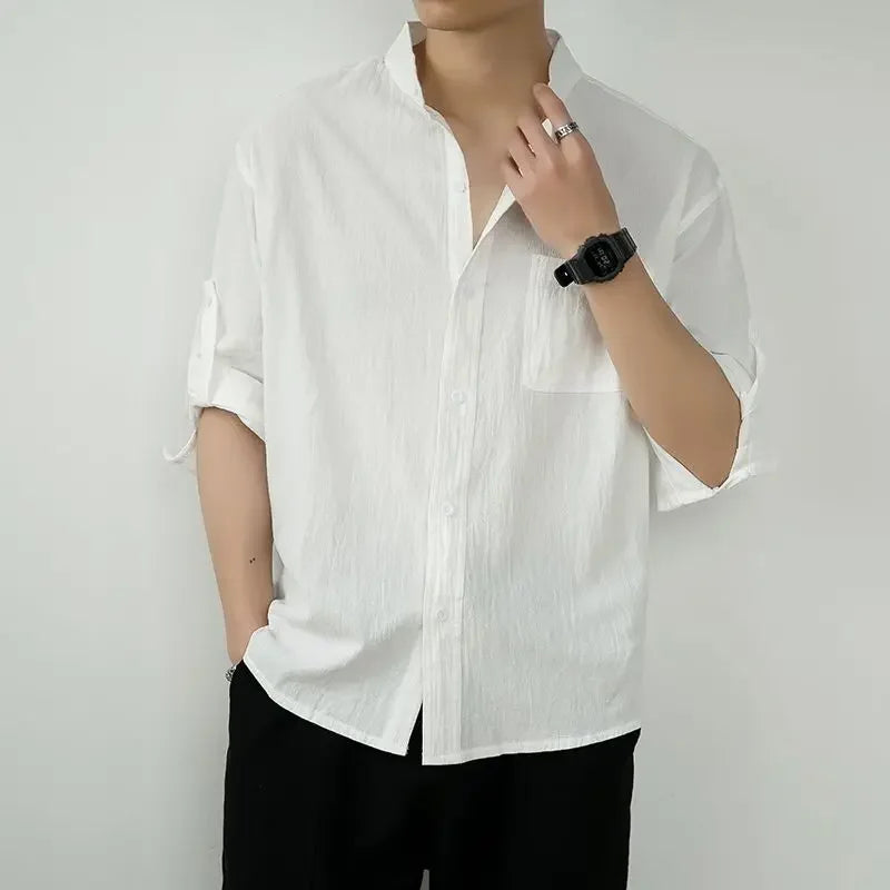 Male Shirts Linen Black Half Sleeve Men's Shirt Oversize With Sleeves Trend Cotton Elegant Fashion 2025 Regular Collar Man I