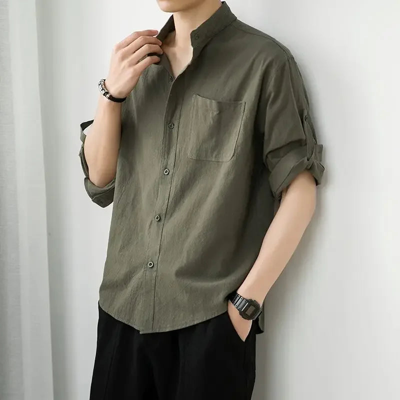 Male Shirts Linen Black Half Sleeve Men's Shirt Oversize With Sleeves Trend Cotton Elegant Fashion 2025 Regular Collar Man I