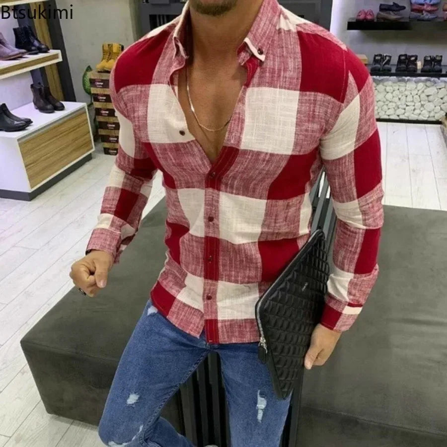 2026 Oversized Men Shirts Retro Classic Plaid Long Sleeve Casual Shirts Men Breathable Cotton Linen Shirt Tops Fashion Shirts