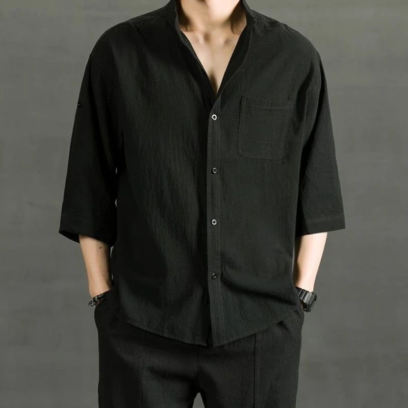 Male Shirts Linen Black Half Sleeve Men's Shirt Oversize With Sleeves Trend Cotton Elegant Fashion 2025 Regular Collar Man I