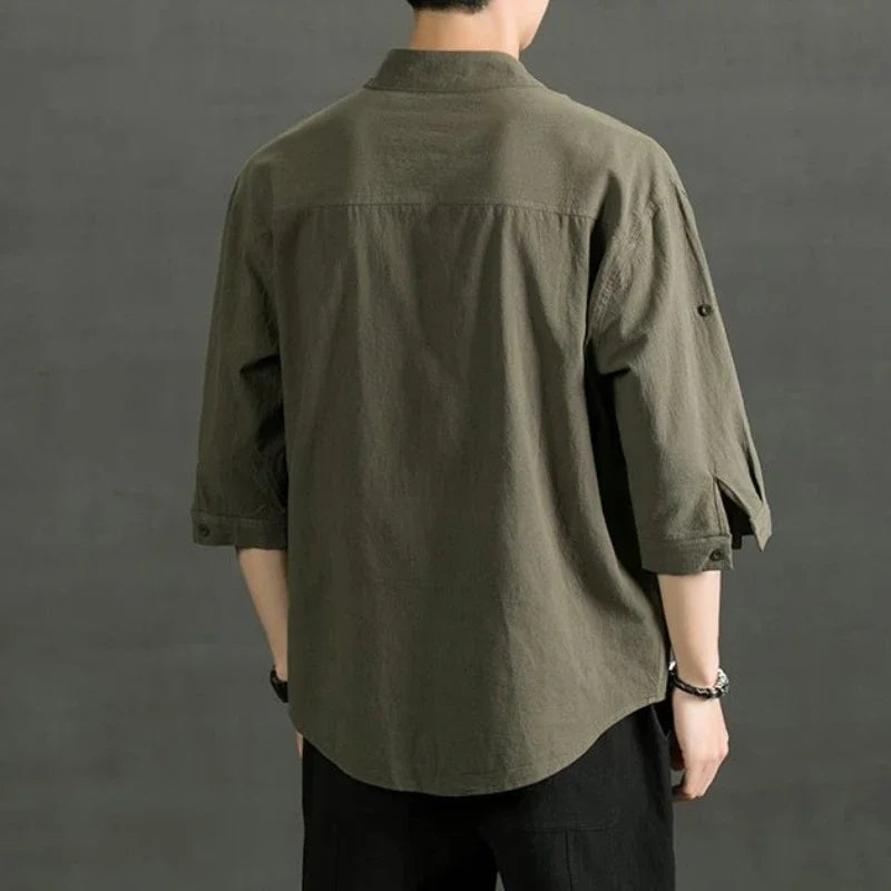 Male Shirts Linen Black Half Sleeve Men's Shirt Oversize With Sleeves Trend Cotton Elegant Fashion 2025 Regular Collar Man I