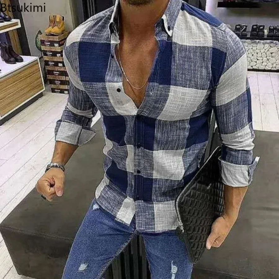 2026 Oversized Men Shirts Retro Classic Plaid Long Sleeve Casual Shirts Men Breathable Cotton Linen Shirt Tops Fashion Shirts