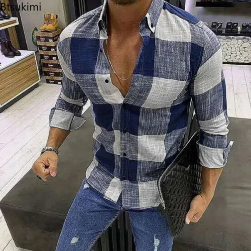 2026 Oversized Men Shirts Retro Classic Plaid Long Sleeve Casual Shirts Men Breathable Cotton Linen Shirt Tops Fashion Shirts