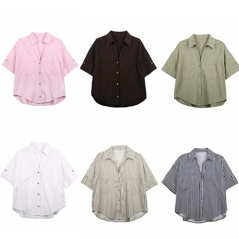 Linen Shirt Women's Blouse Shirts Female Boho Chic Woman Short Sleeve Top Elegant Oversized Tops 2025 Striped Hawaiian