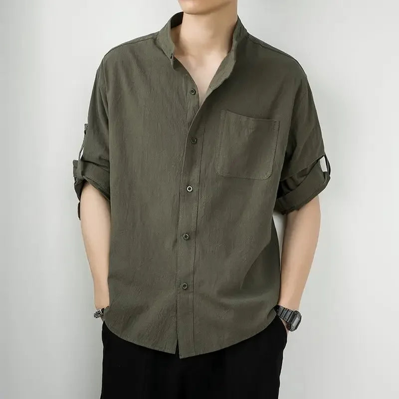 Male Shirts Linen Black Half Sleeve Men's Shirt Oversize With Sleeves Trend Cotton Elegant Fashion 2025 Regular Collar Man I