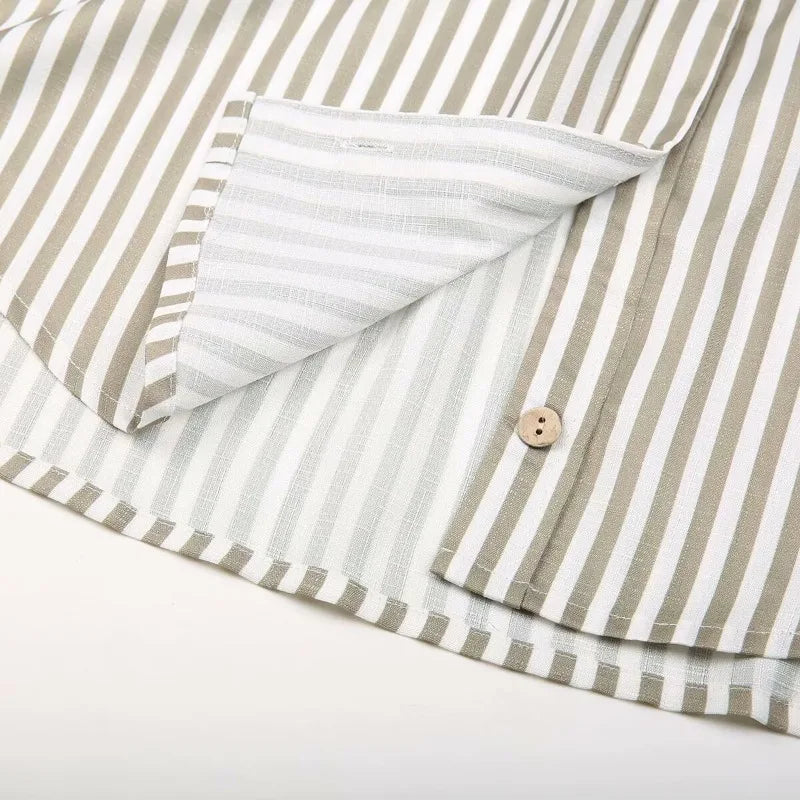 Linen Shirt Women's Blouse Shirts Female Boho Chic Woman Short Sleeve Top Elegant Oversized Tops 2025 Striped Hawaiian