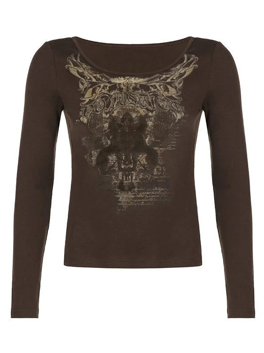 Graphic Tees for Women Vintage Grunge Brown Clothes Y2k Shirt Basic Long Sleeve Round Neck Tops Aesthetic Fall New Streetwear