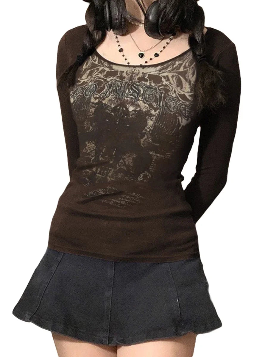 Graphic Tees for Women Vintage Grunge Brown Clothes Y2k Shirt Basic Long Sleeve Round Neck Tops Aesthetic Fall New Streetwear