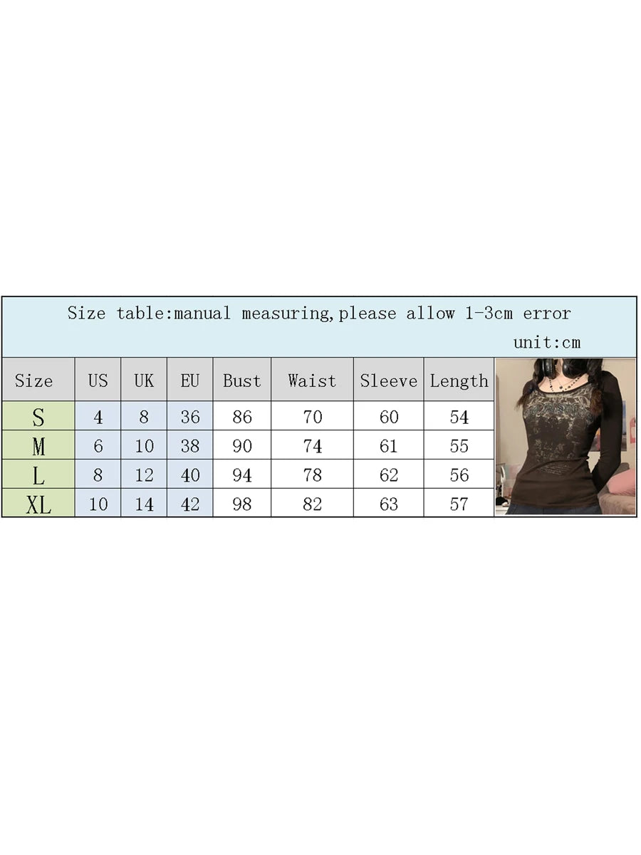 Graphic Tees for Women Vintage Grunge Brown Clothes Y2k Shirt Basic Long Sleeve Round Neck Tops Aesthetic Fall New Streetwear