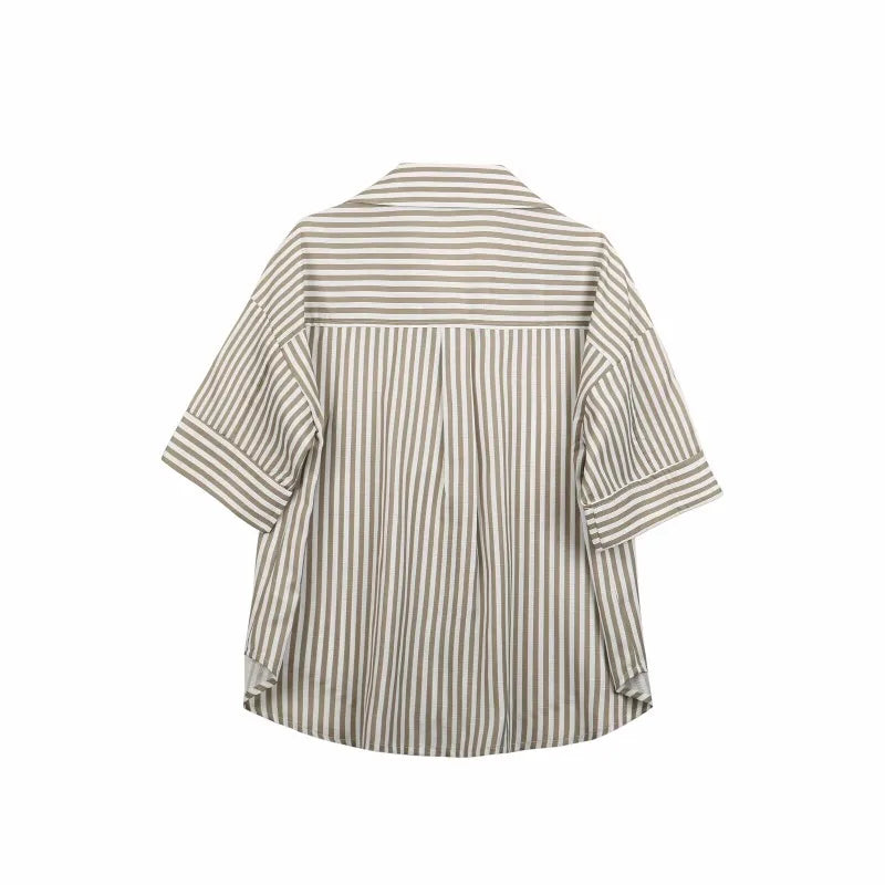 Linen Shirt Women's Blouse Shirts Female Boho Chic Woman Short Sleeve Top Elegant Oversized Tops 2025 Striped Hawaiian