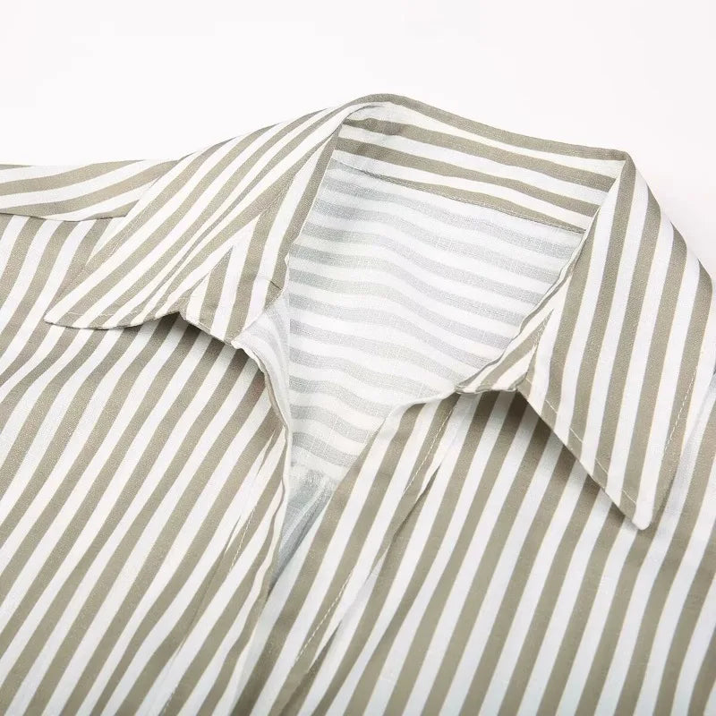 Linen Shirt Women's Blouse Shirts Female Boho Chic Woman Short Sleeve Top Elegant Oversized Tops 2025 Striped Hawaiian