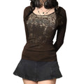 Graphic Tees for Women Vintage Grunge Brown Clothes Y2k Shirt Basic Long Sleeve Round Neck Tops Aesthetic Fall New Streetwear