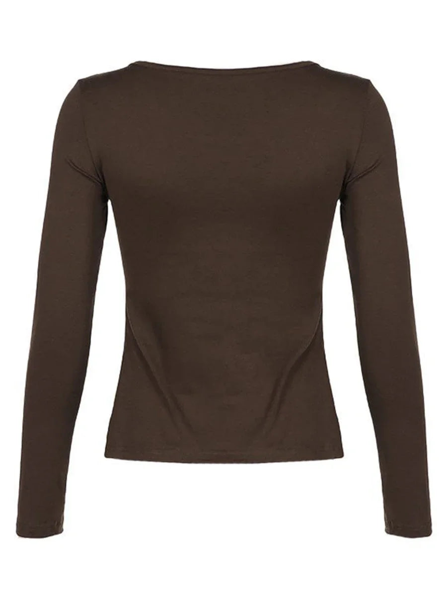 Graphic Tees for Women Vintage Grunge Brown Clothes Y2k Shirt Basic Long Sleeve Round Neck Tops Aesthetic Fall New Streetwear